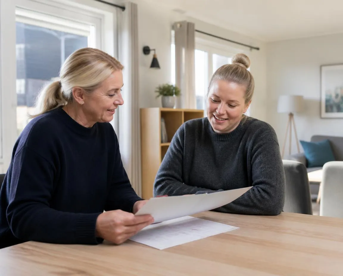 Two support workers discussing at a table in a supported housing common room