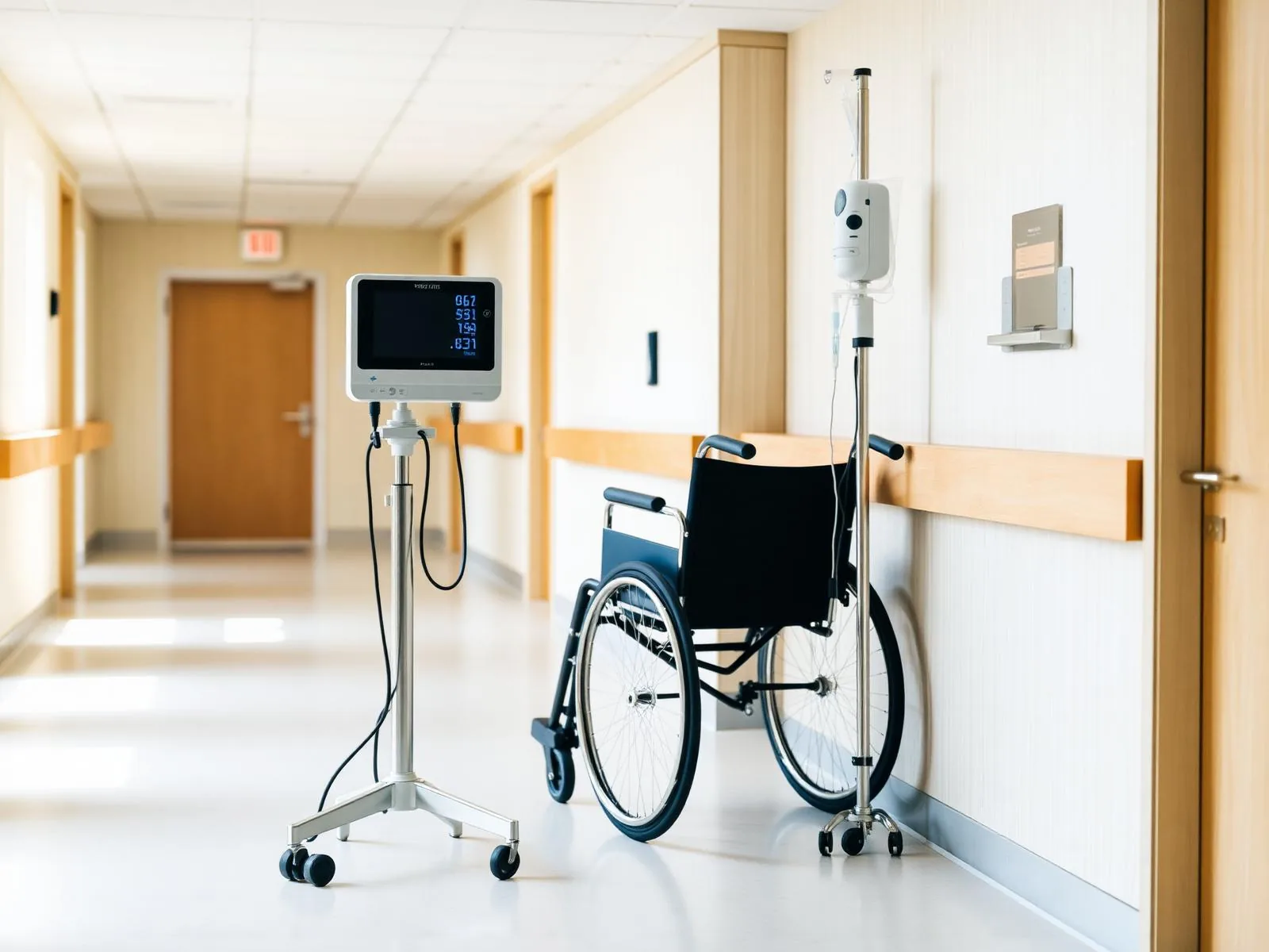 Portable medical equipment – a blood pressure monitor, a wheelchair and an IV stand – in a hospital corridor