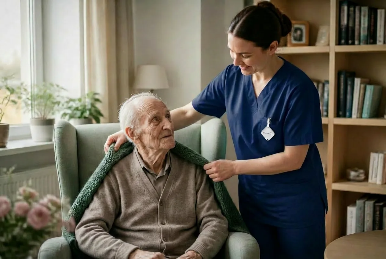 A nurse placing a warm scarf on a resident's shoulders