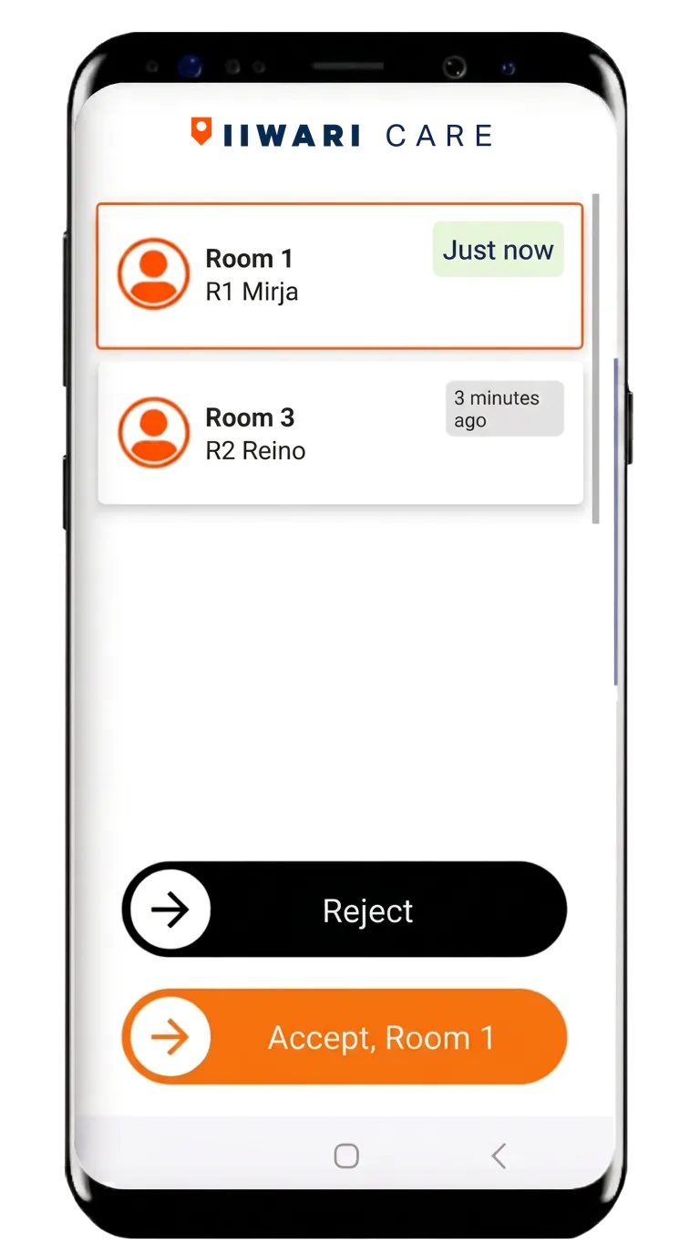 A resident's call shown in the nurse's Iiwari app