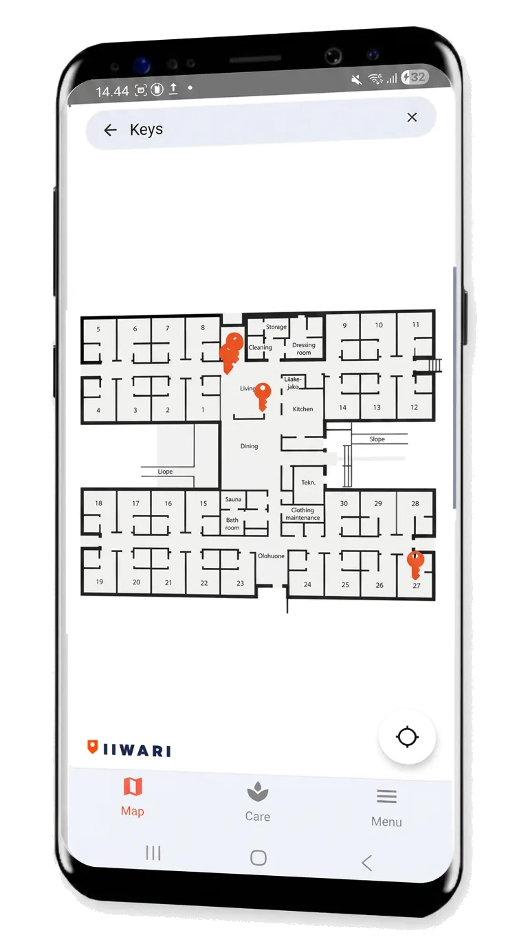 Iiwari Care app map view showing the location of keys on a care home floor plan