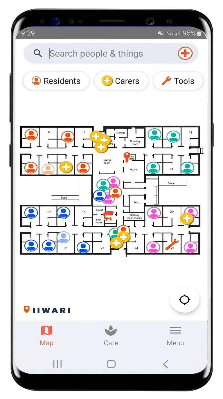 Iiwari Care map on a nurse's phone