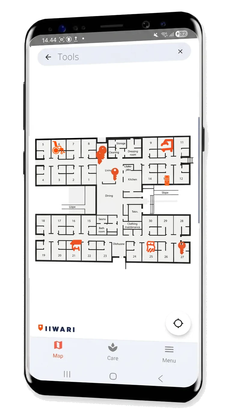 Iiwari Care app map view showing tools: keys, wheelchair, patient lift, standing aid and bedside table on a care home floor plan