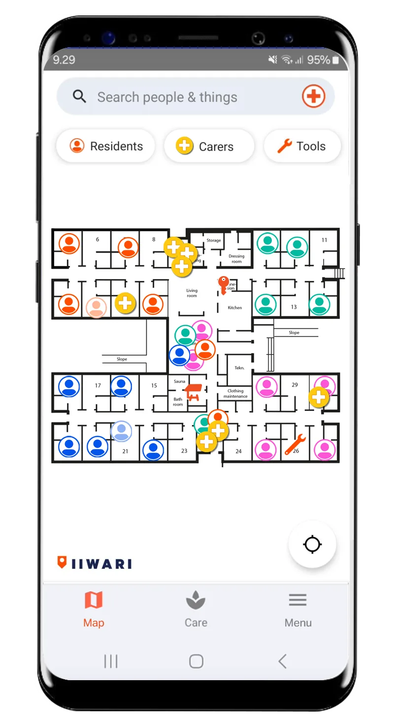 Iiwari Care app map view on a phone screen